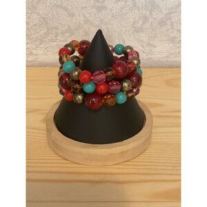 Colorful Beaded Stretch Bracelet With Red Teal & Gold Beads